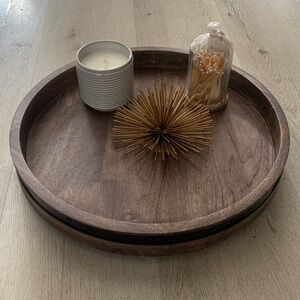 Round Wooden Serving Tray lazy Susan brown large home‎ decor dining barrel style